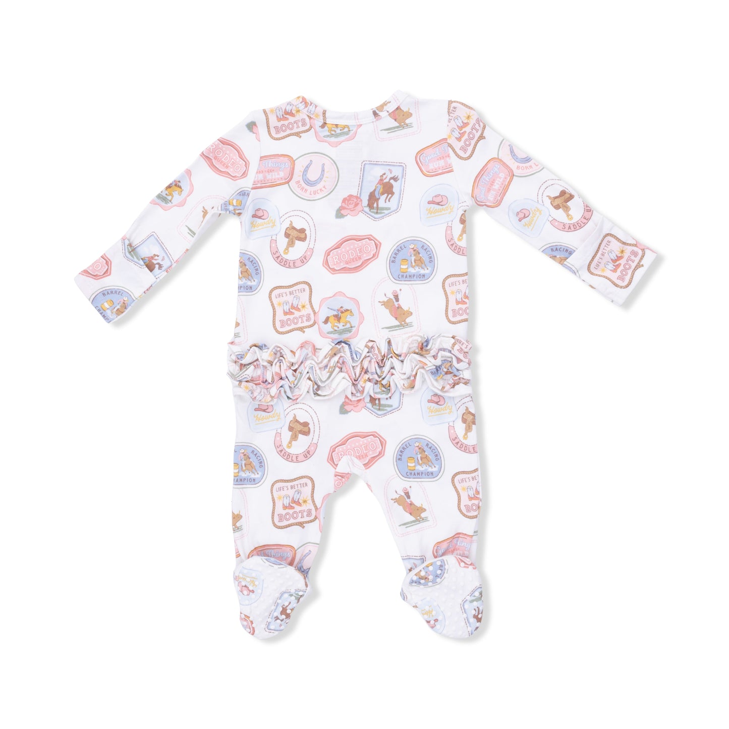 Rodeo Patches Pink - 2 Way Ruffle Back Zipper Footie - Hello Baby Apparel