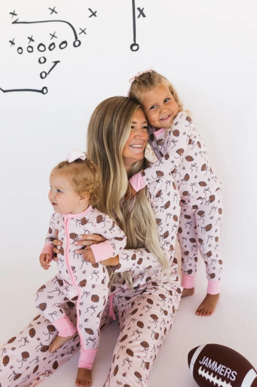 In My Jammer - Blush Football Zipper Romper - Hello Baby Apparel