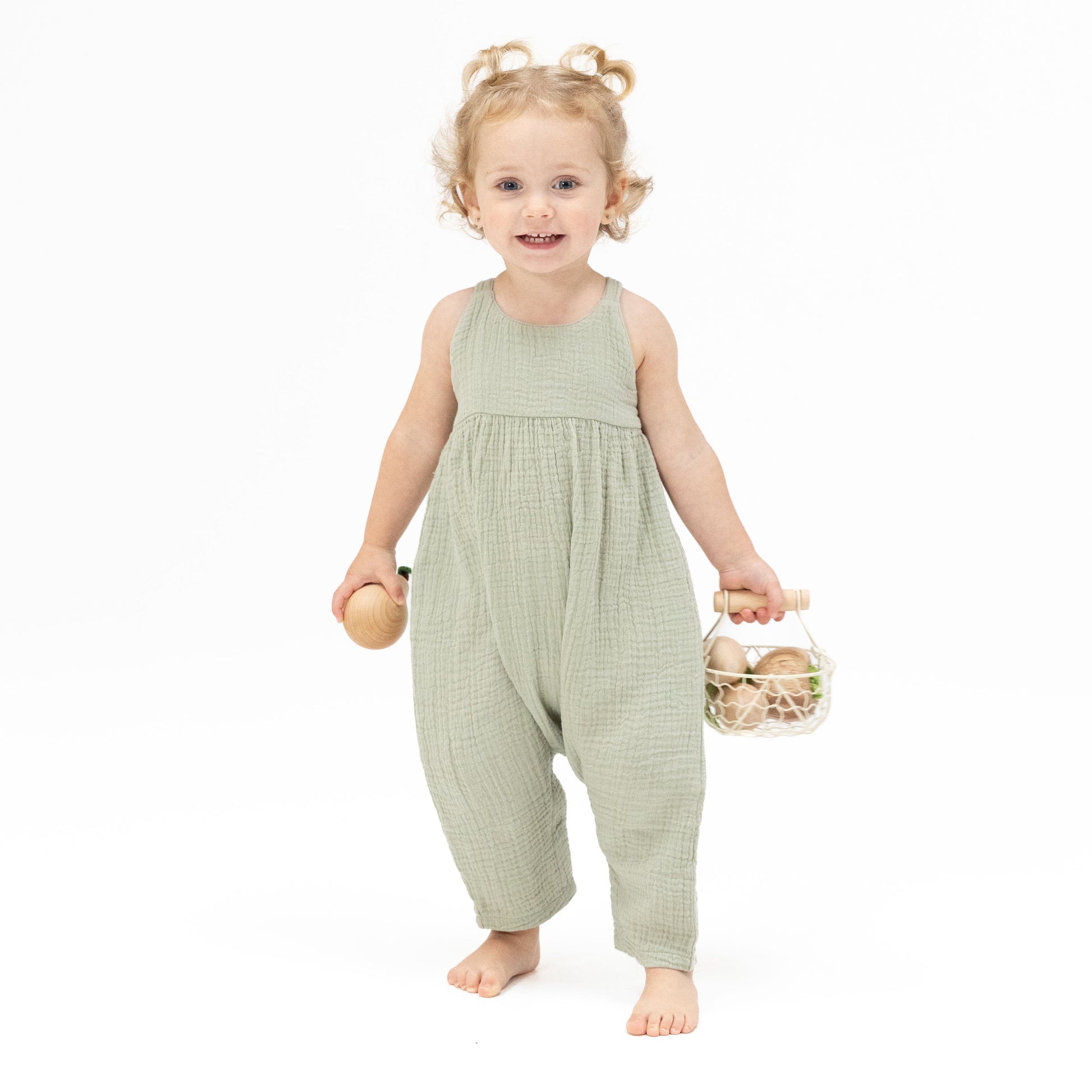 Solid Muslin Desert Green - Tie Back Romper - Hello Baby Apparel