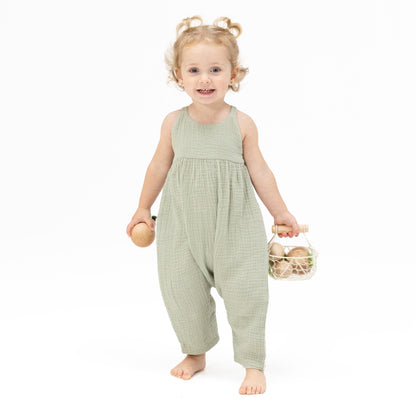 Solid Muslin Desert Green - Tie Back Romper - Hello Baby Apparel
