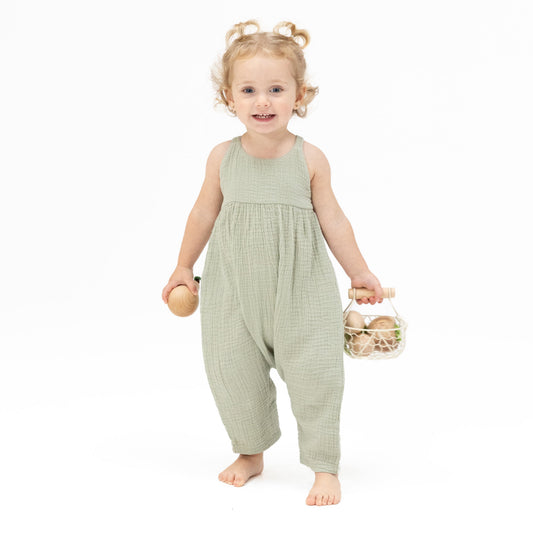 Solid Muslin Desert Green - Tie Back Romper - Hello Baby Apparel