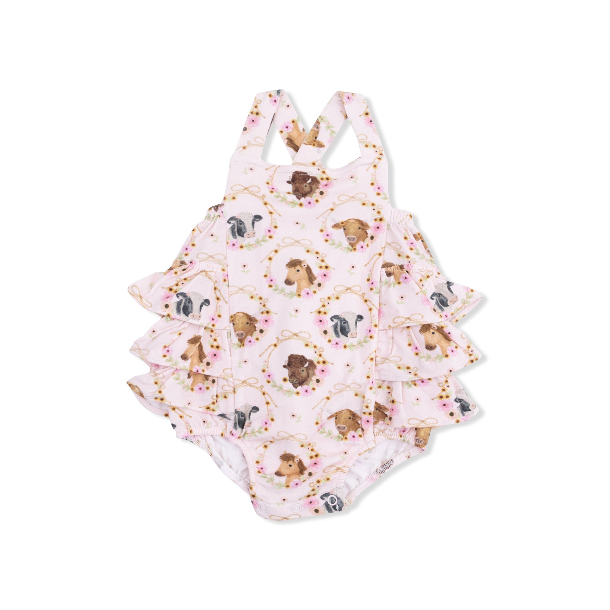 Farm Animals Floral Cameos Pink - Ruffle Sunsuit - Hello Baby Apparel