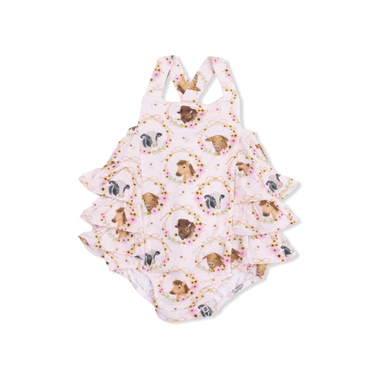 Farm Animals Floral Cameos Pink - Ruffle Sunsuit - Hello Baby Apparel