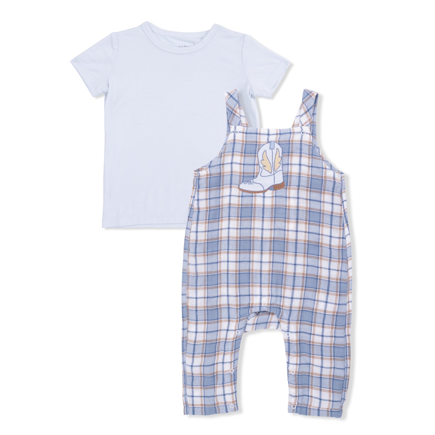 Western Boot Plaid - Crew Neck Tee with Overalls - Hello Baby Apparel