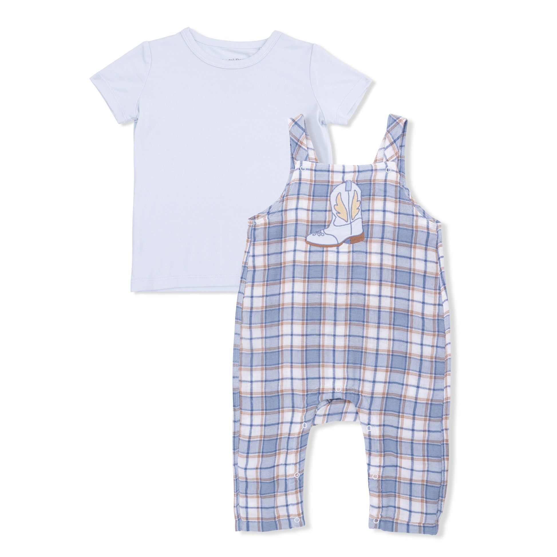 Western Boot Plaid - Crew Neck Tee with Overalls - Hello Baby Apparel