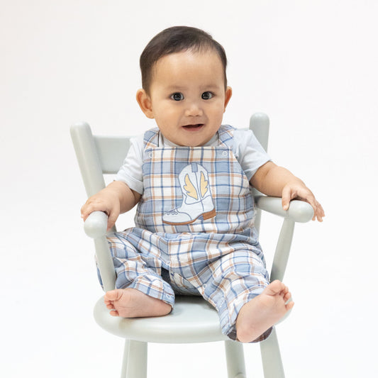 Western Boot Plaid - Crew Neck Tee with Overalls - Hello Baby Apparel