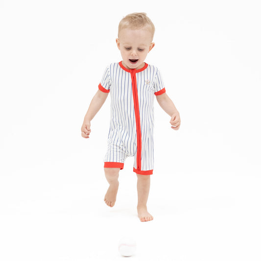 Baseball Stripe - Shortie 2 Way Zipper Romper - Hello Baby Apparel