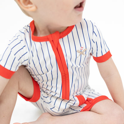 Baseball Stripe - Shortie 2 Way Zipper Romper - Hello Baby Apparel