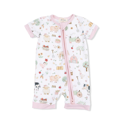 Cute Farm Animals Pink - Shortie 2 Way Zipper Romper - Hello Baby Apparel