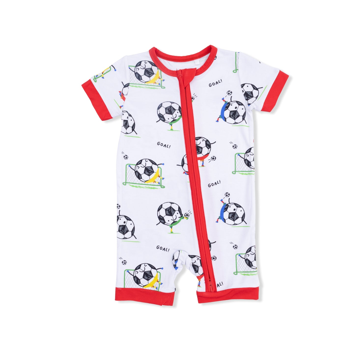 Soccer Balls Playing Soccer  Blue - Shortie 2 Way Zipper Romper - Hello Baby Apparel