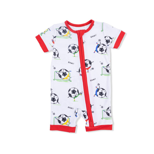 Soccer Balls Playing Soccer  Blue - Shortie 2 Way Zipper Romper - Hello Baby Apparel