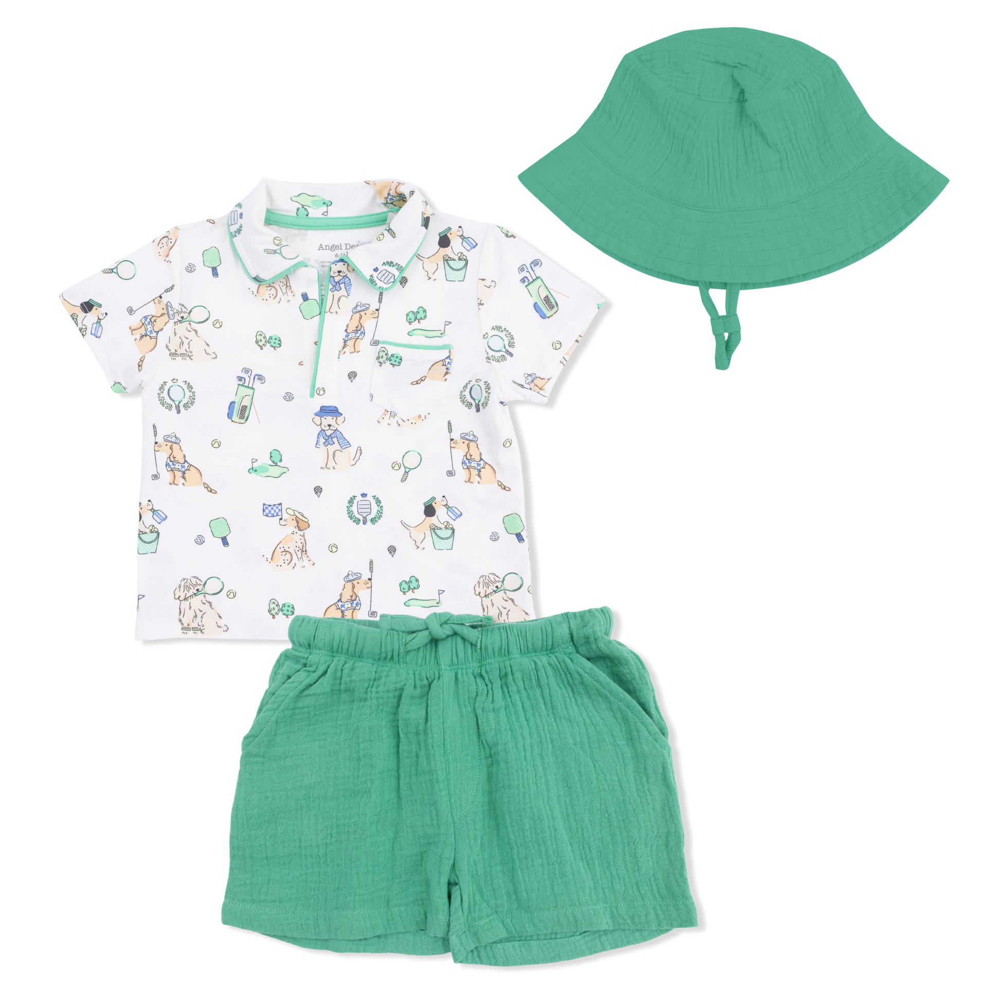 Country Club Dogs Neutral - Polo with Casual Short  & Bucket Hat - Hello Baby Apparel