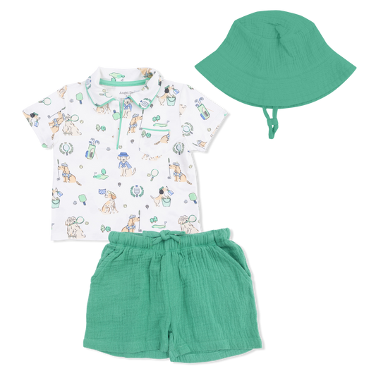 Country Club Dogs Neutral - Polo with Casual Short  & Bucket Hat - Hello Baby Apparel