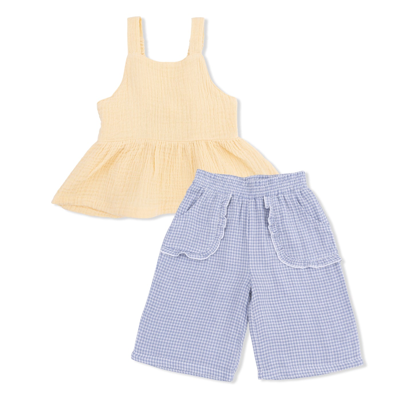 Micro Gingham Blue Blizzard - Peplum Tank with Wide Leg Pant - Hello Baby Apparel