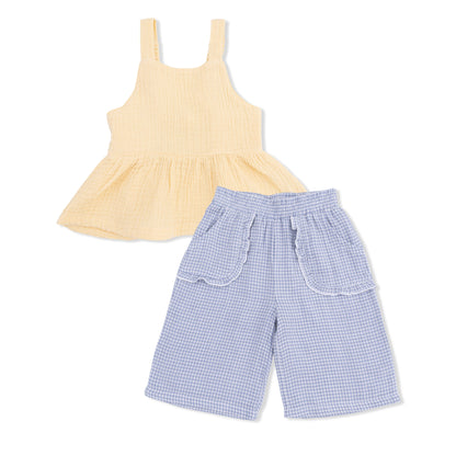 Micro Gingham Blue Blizzard - Peplum Tank with Wide Leg Pant - Hello Baby Apparel