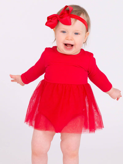 Girls Red Long Sleeve Tulle Skirted Romper