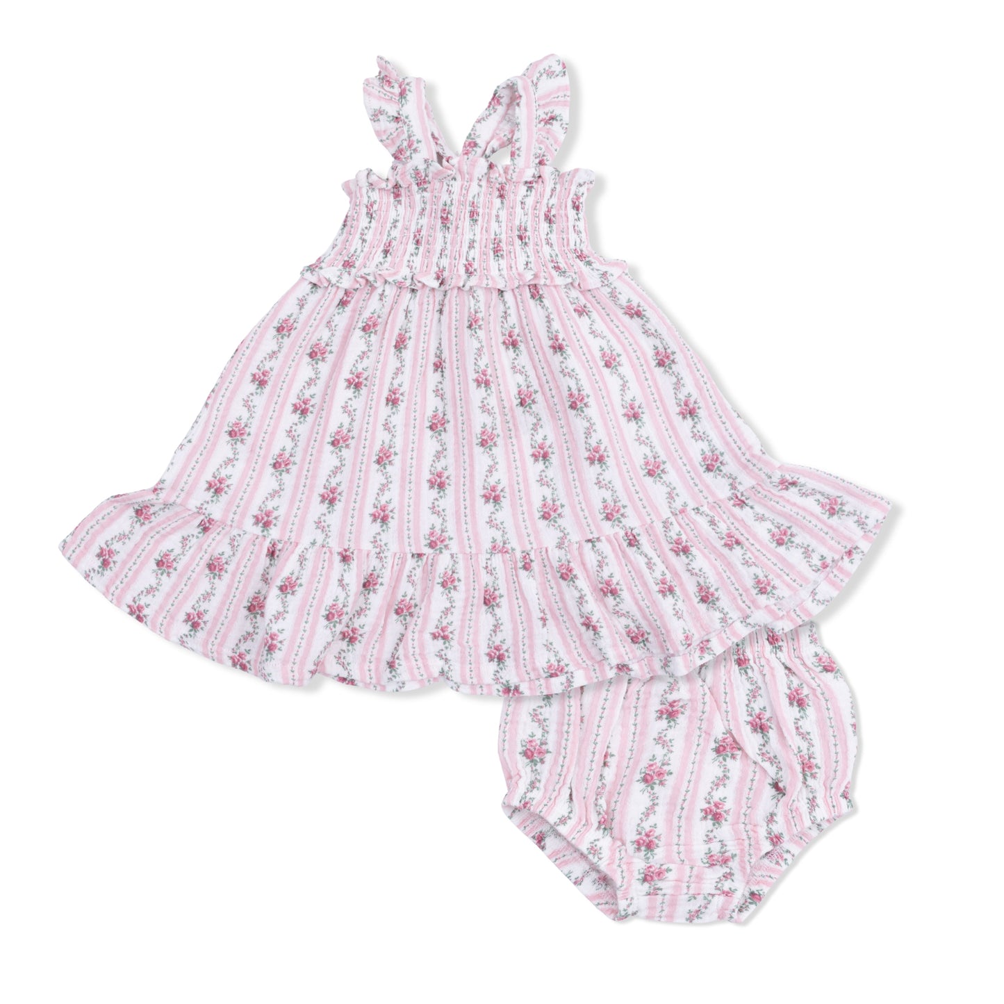 Winding Roses Stripe - Smocked Ruffle Sundress & Bloomer - Hello Baby Apparel