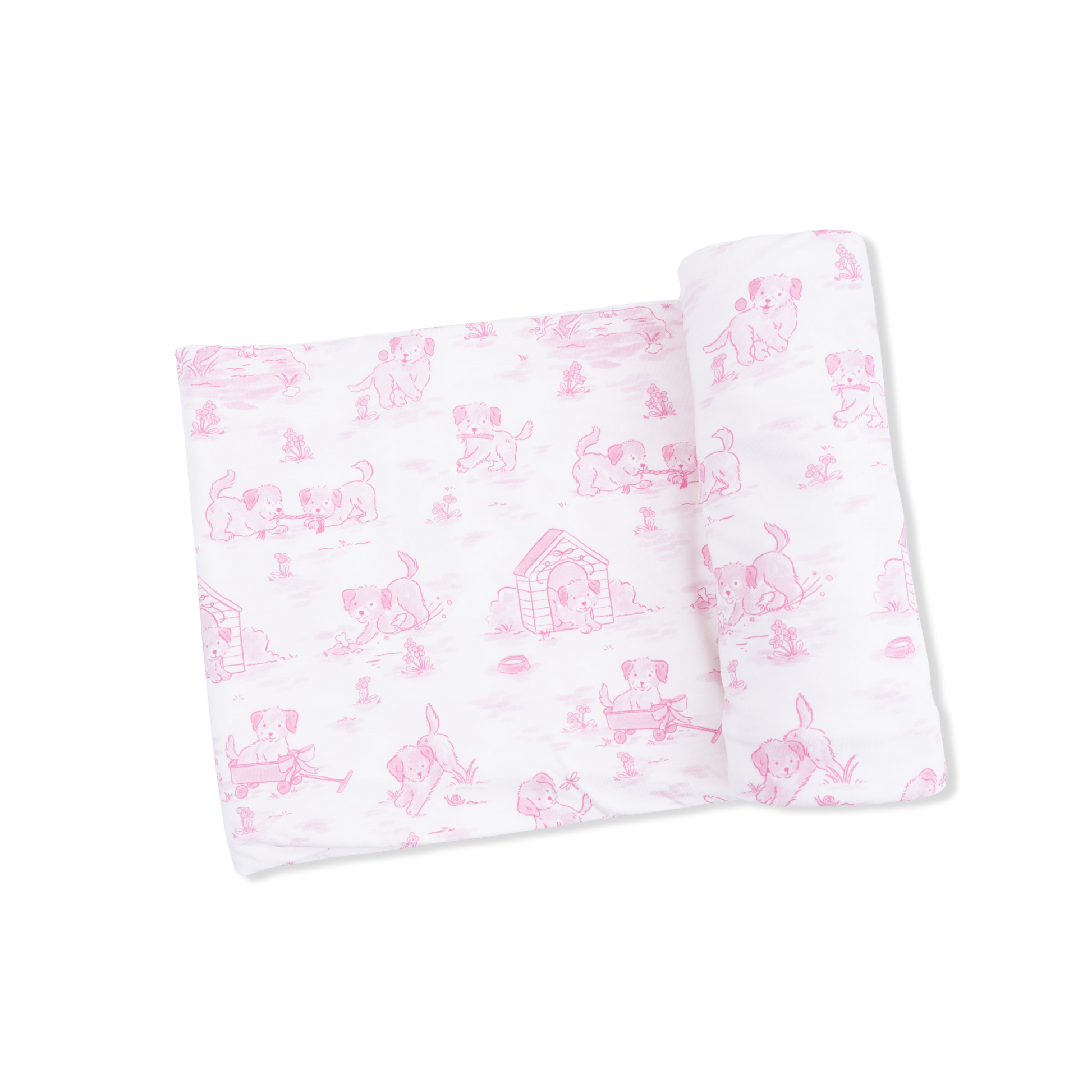 Puppy Toile Pink - 2 Way Ruffle Back Zipper Footie with Bandana Bib, and Swaddle Blanket Set - Hello Baby Apparel