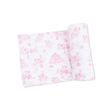 Puppy Toile Pink - 2 Way Ruffle Back Zipper Footie with Bandana Bib, and Swaddle Blanket Set - Hello Baby Apparel