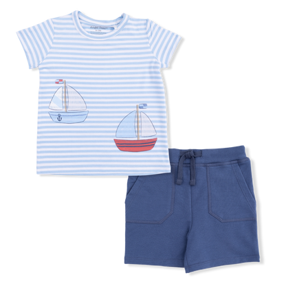 Bubbly Sailboat Stripe - Crew Neck Tee with Cargo Short - Hello Baby Apparel