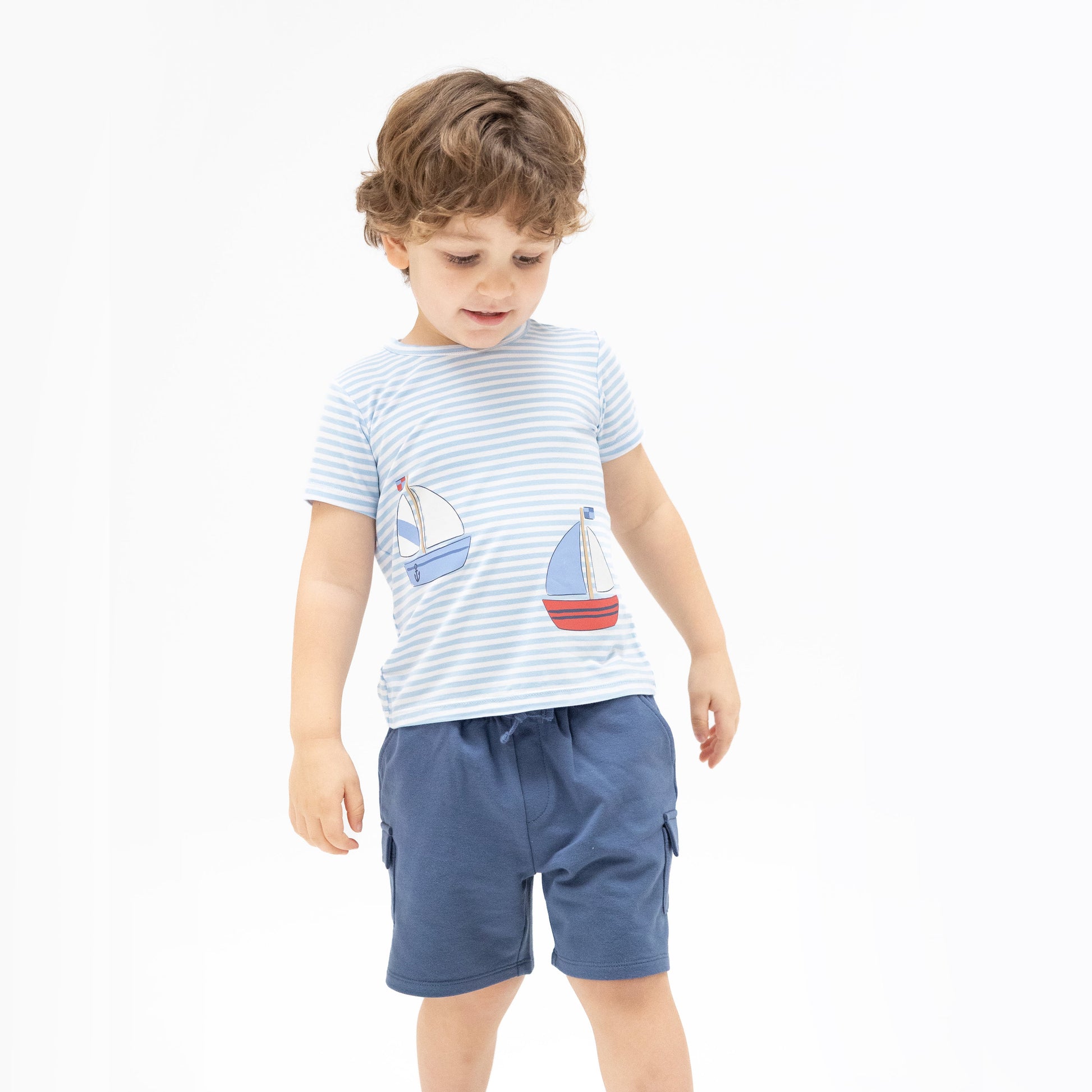 Bubbly Sailboat Stripe - Crew Neck Tee with Cargo Short - Hello Baby Apparel