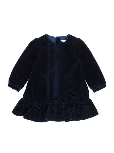 Girls Dark Navy Velvet Long Sleeve Drop Waist Dress