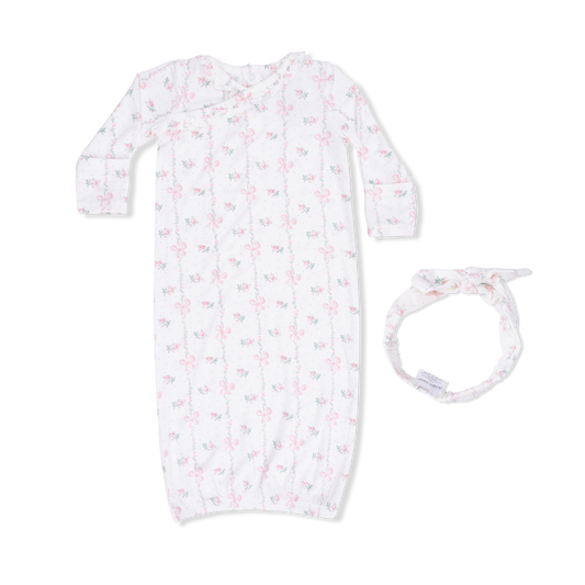 Dainty Buds and Bows - Kimono Gown & Knot Headband - Hello Baby Apparel