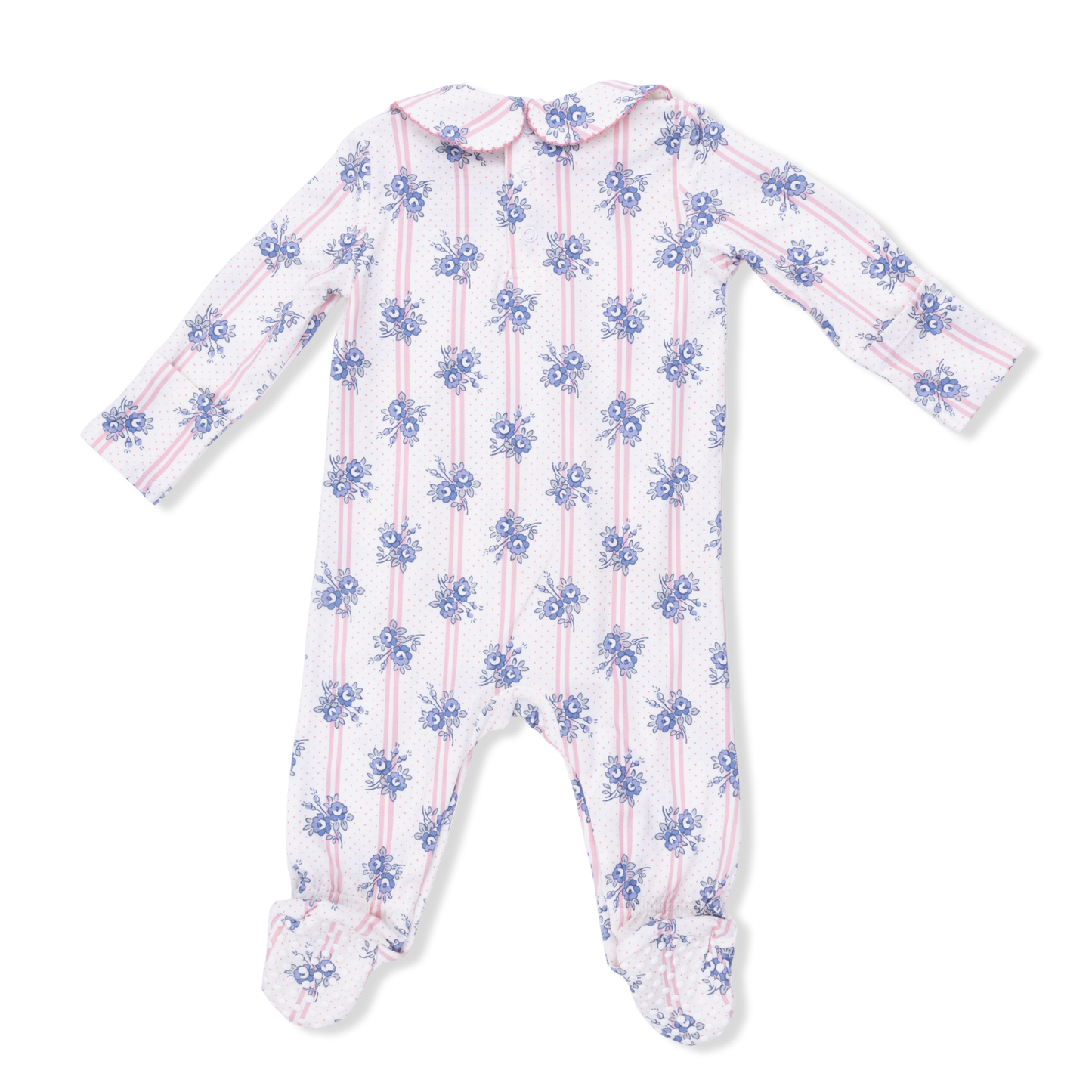 Stripe Dot Roses - Smocked Peter Pan Snap Footie - Hello Baby Apparel