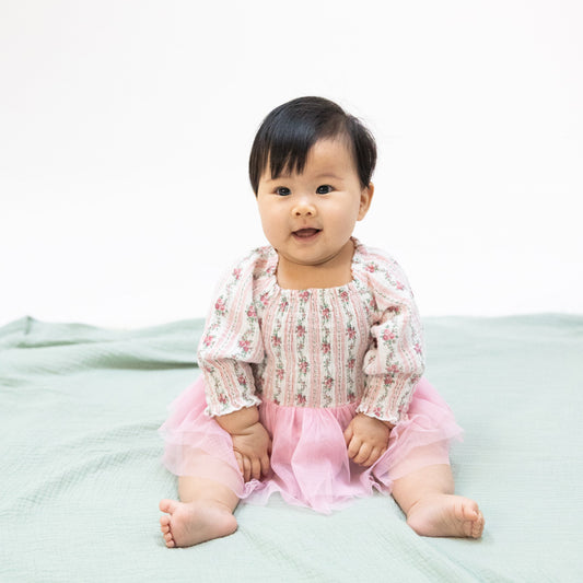 Winding Roses Stripe - Long Sleeve Smocked Bubble with Tutu - Hello Baby Apparel