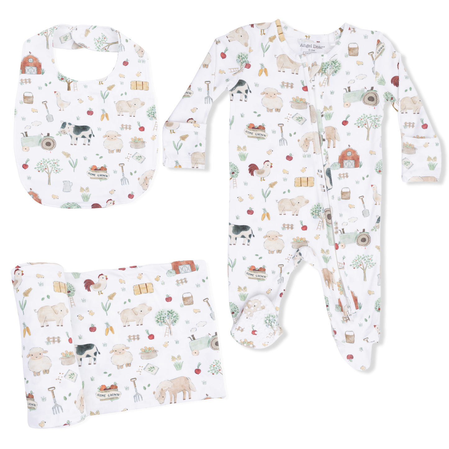 Cute Farm Animals Uni - 2 Way Zipper Footie, Swaddle  & Bandana Bib Set - Hello Baby Apparel