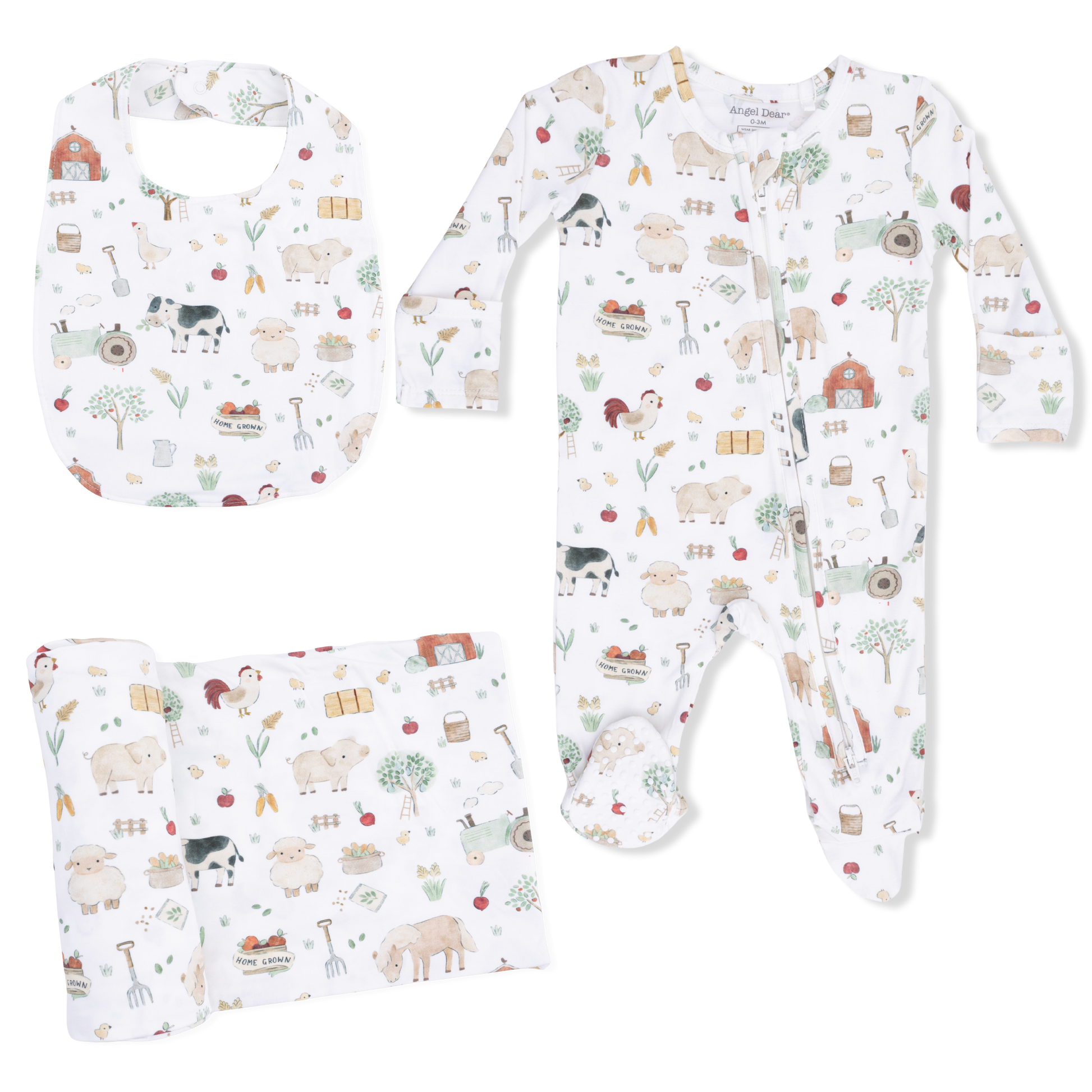 Cute Farm Animals Uni - 2 Way Zipper Footie, Swaddle  & Bandana Bib Set - Hello Baby Apparel