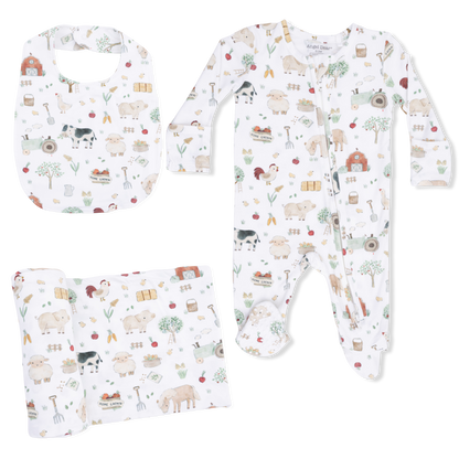 Cute Farm Animals Uni - 2 Way Zipper Footie, Swaddle  & Bandana Bib Set - Hello Baby Apparel