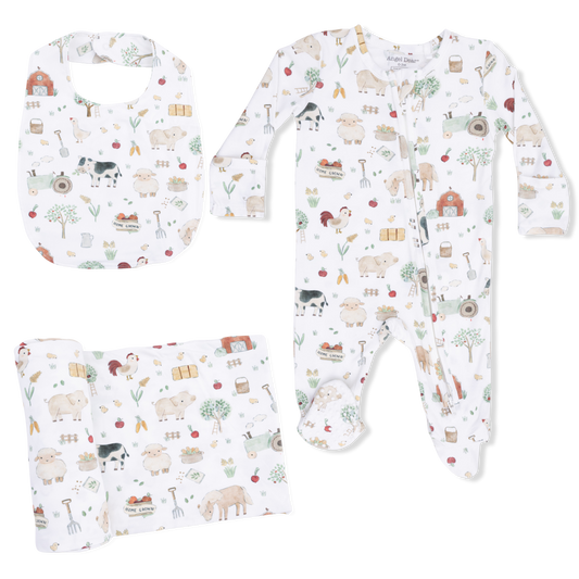 Cute Farm Animals Uni - 2 Way Zipper Footie, Swaddle  & Bandana Bib Set - Hello Baby Apparel