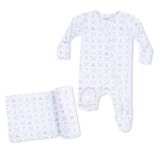 Golf Trellis Blue - 2 Way Zipper Footie & Swaddle Blanket - Hello Baby Apparel