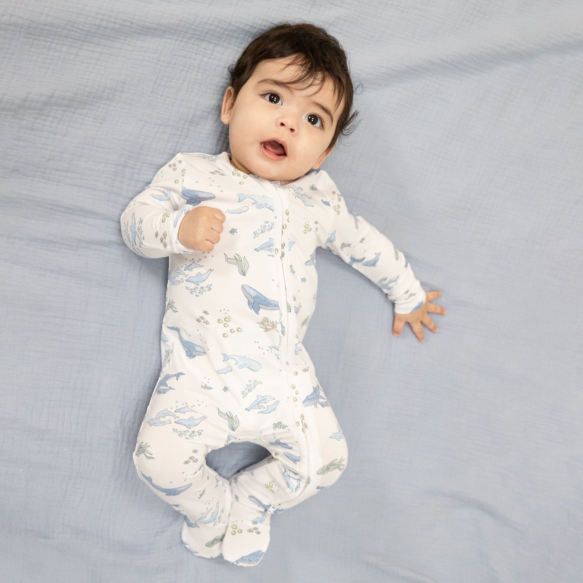Watercolor Blue Whales - 2 Way Zipper Footie - Hello Baby Apparel