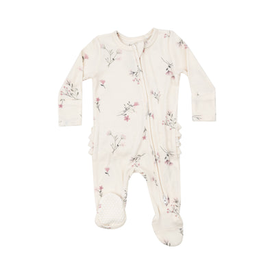 Angel Dear || Ribbed Wispy Floral - 2 Way Ruffle Zipper Footie