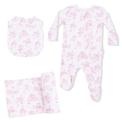 Puppy Toile Pink - 2 Way Ruffle Back Zipper Footie with Bandana Bib, and Swaddle Blanket Set - Hello Baby Apparel