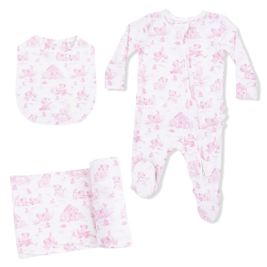 Puppy Toile Pink - 2 Way Ruffle Back Zipper Footie with Bandana Bib, and Swaddle Blanket Set - Hello Baby Apparel