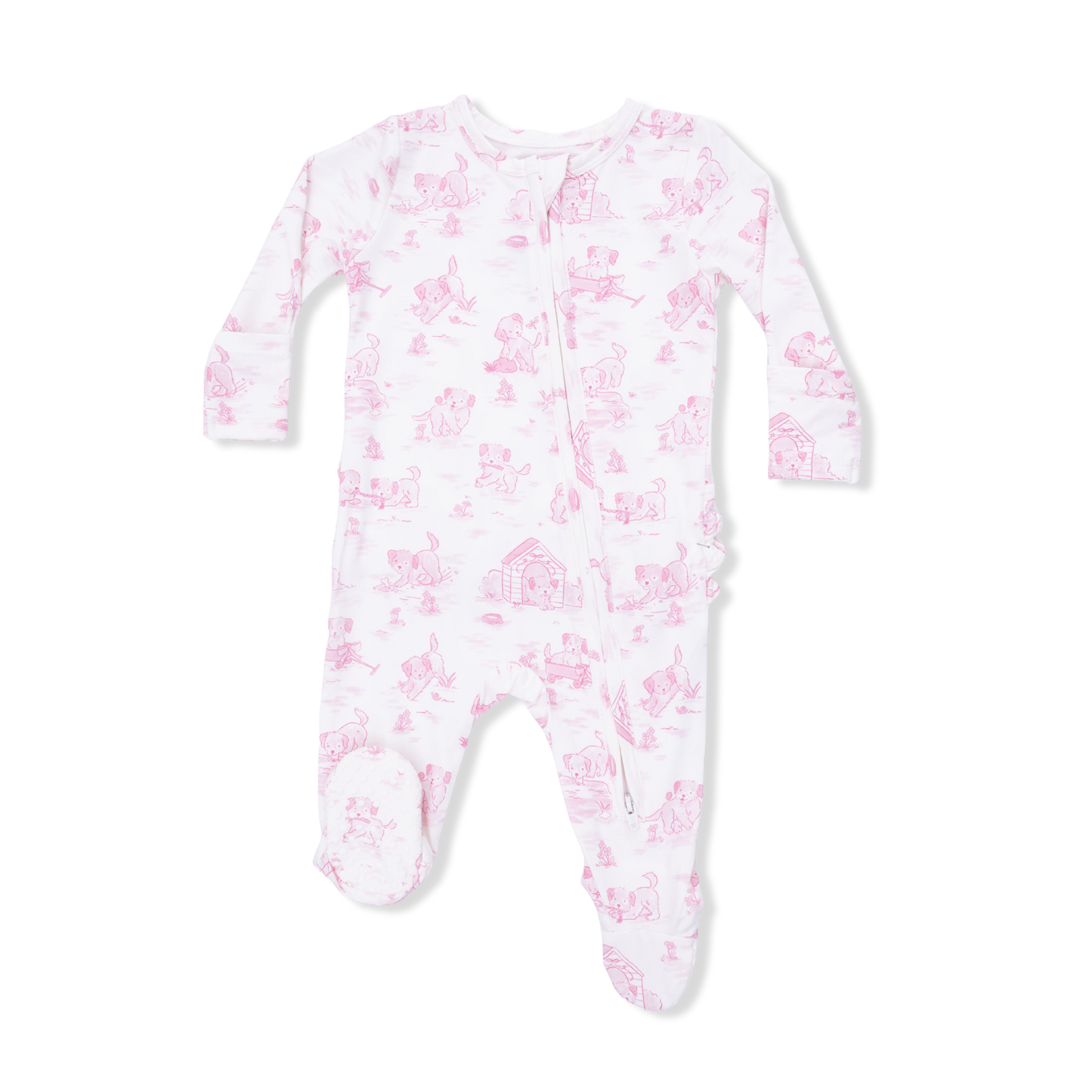 Puppy Toile Pink - 2 Way Ruffle Back Zipper Footie - Hello Baby Apparel