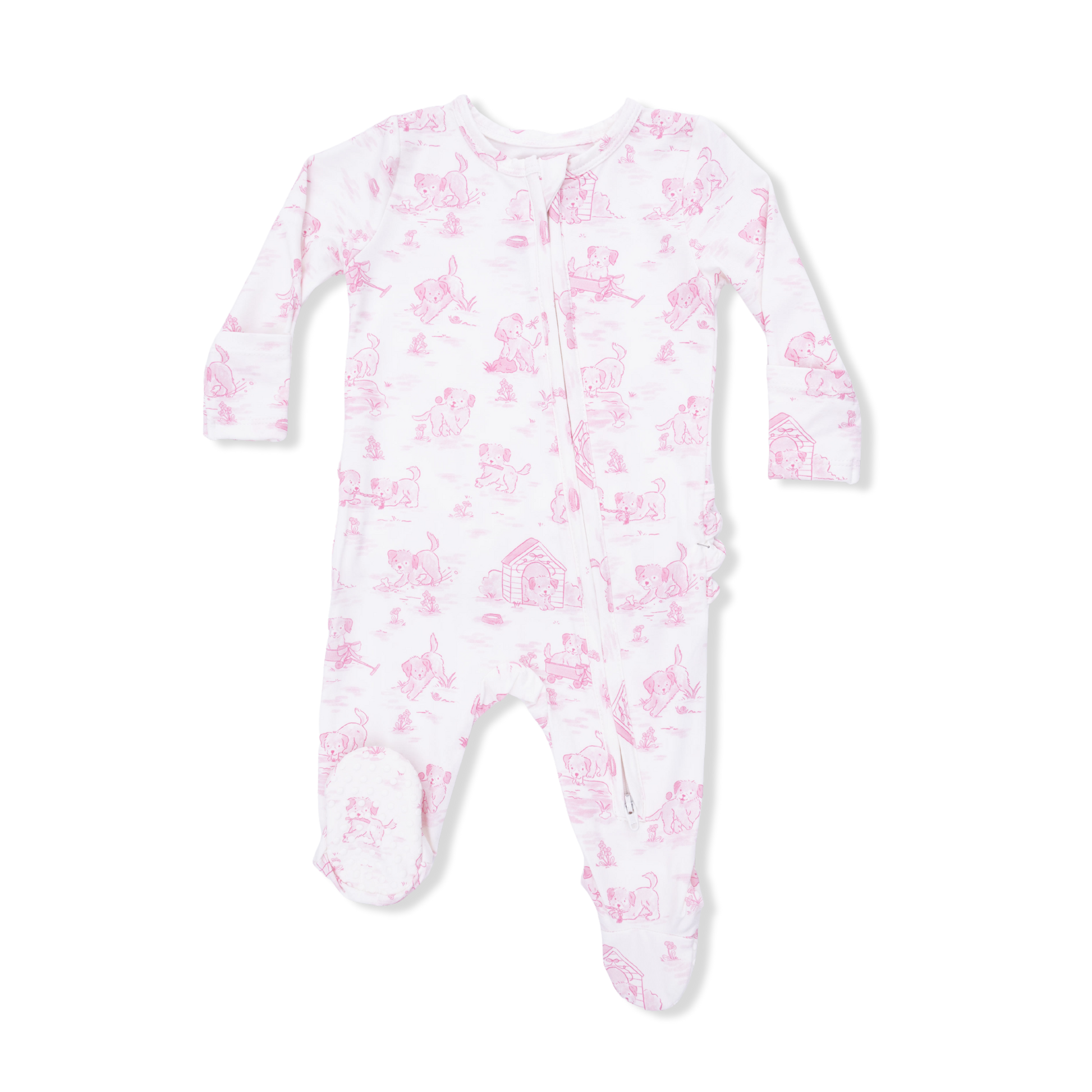 Puppy Toile Pink - 2 Way Ruffle Back Zipper Footie - Hello Baby Apparel