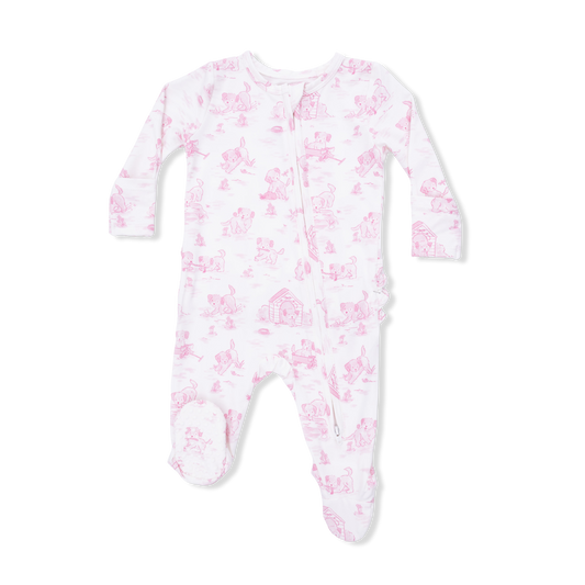 Puppy Toile Pink - 2 Way Ruffle Back Zipper Footie - Hello Baby Apparel