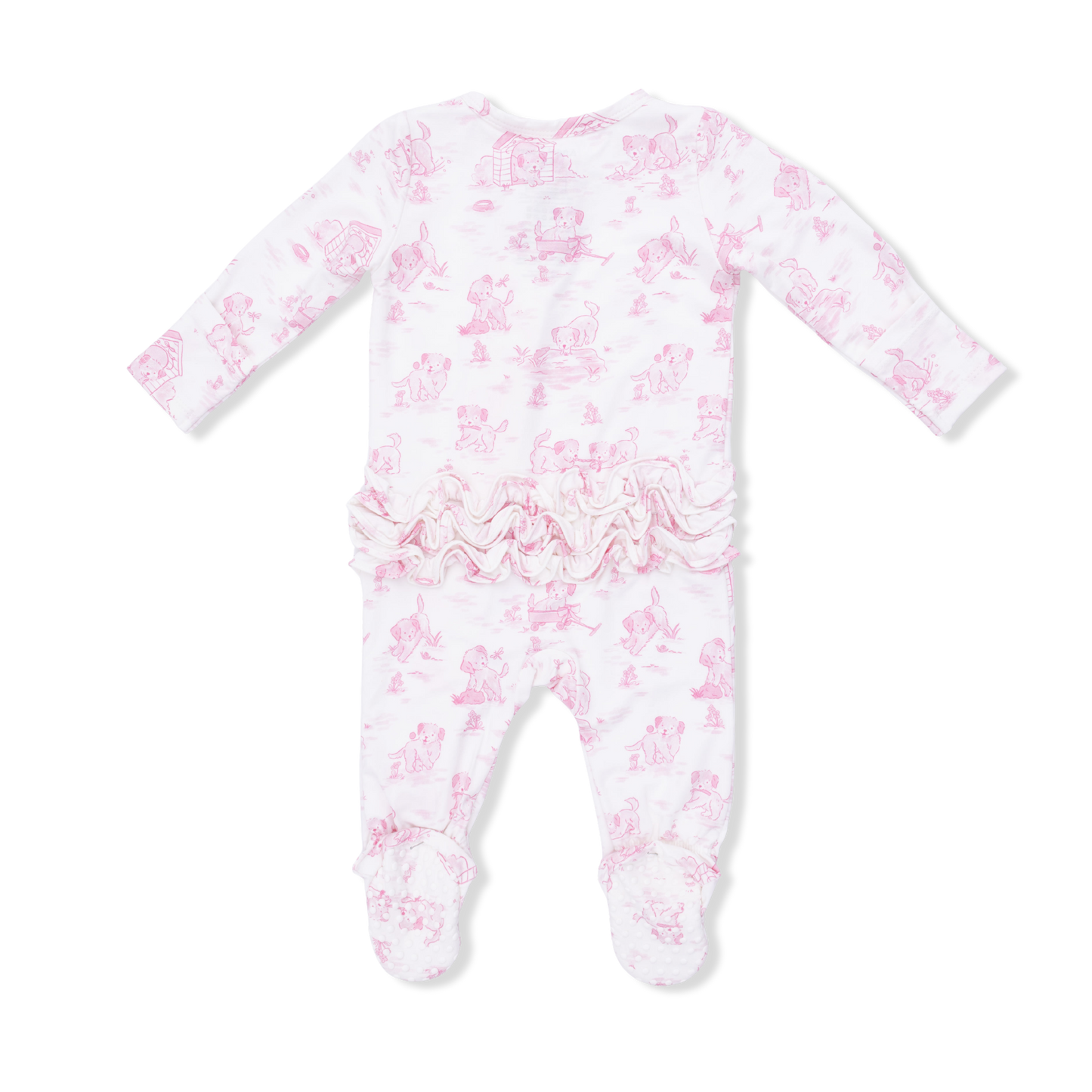 Puppy Toile Pink - 2 Way Ruffle Back Zipper Footie with Bandana Bib, and Swaddle Blanket Set - Hello Baby Apparel
