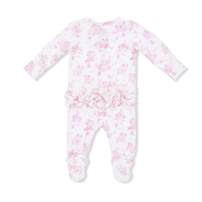 Puppy Toile Pink - 2 Way Ruffle Back Zipper Footie with Bandana Bib, and Swaddle Blanket Set - Hello Baby Apparel