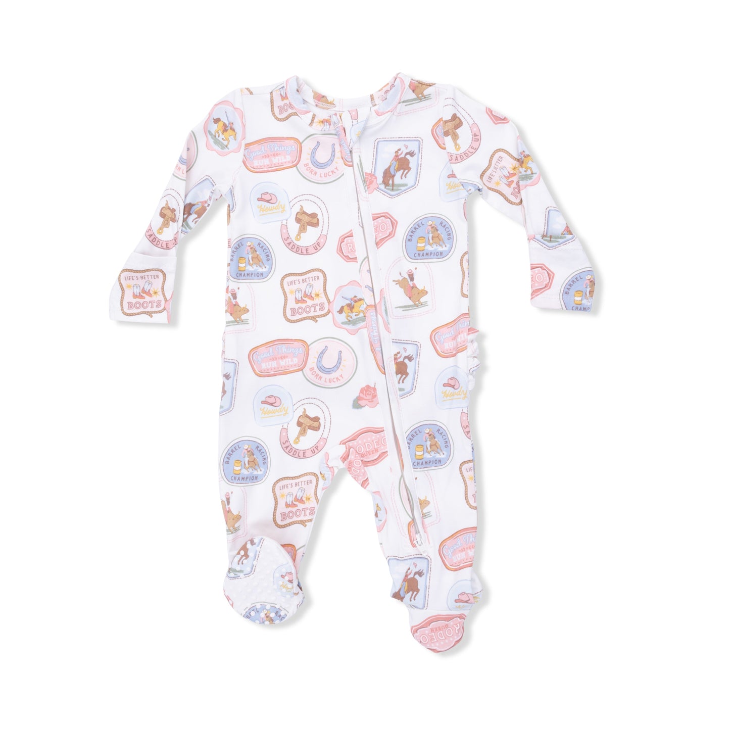 Rodeo Patches Pink - 2 Way Ruffle Back Zipper Footie - Hello Baby Apparel