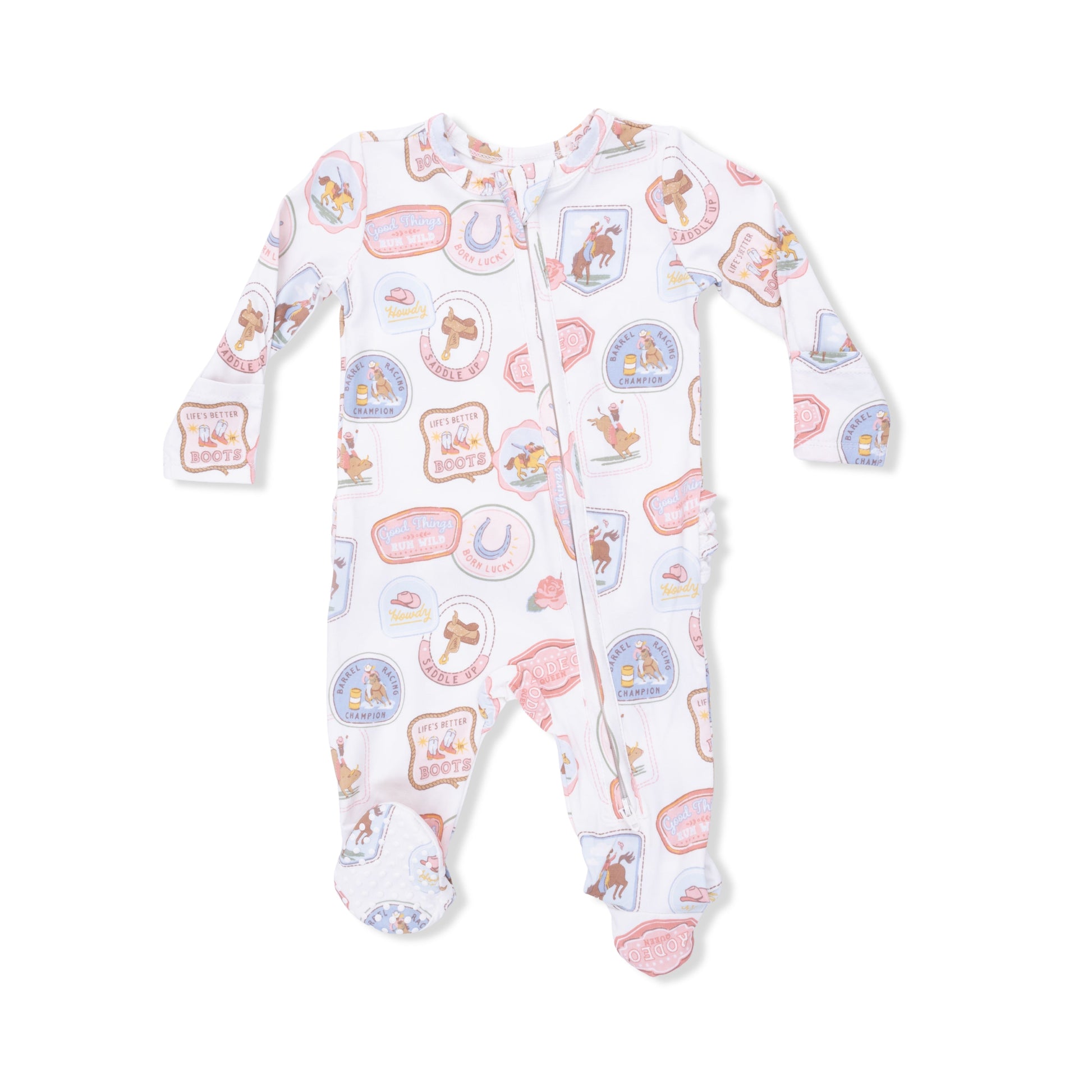 Rodeo Patches Pink - 2 Way Ruffle Back Zipper Footie - Hello Baby Apparel