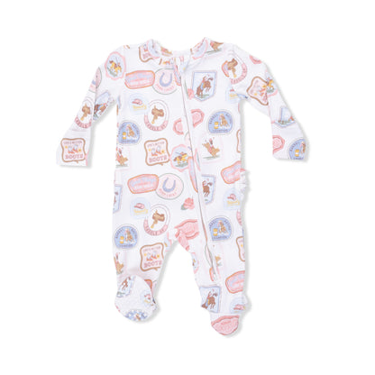 Rodeo Patches Pink - 2 Way Ruffle Back Zipper Footie - Hello Baby Apparel
