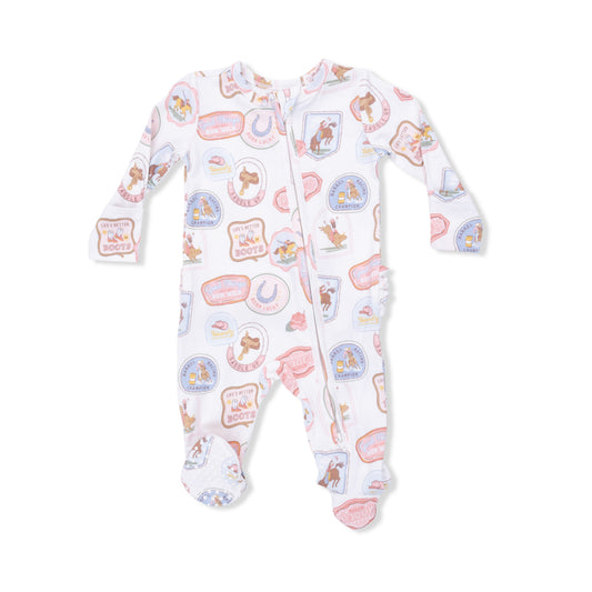 Rodeo Patches Pink - 2 Way Ruffle Back Zipper Footie - Hello Baby Apparel