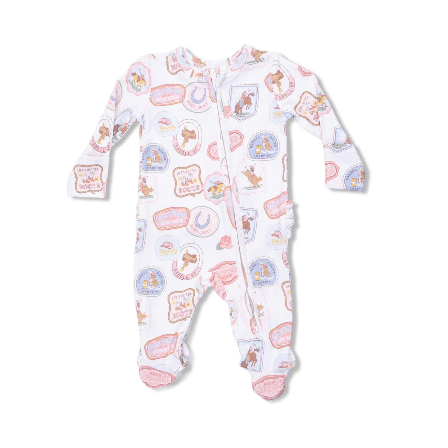 Rodeo Patches Pink - 2 Way Ruffle Back Zipper Footie - Hello Baby Apparel