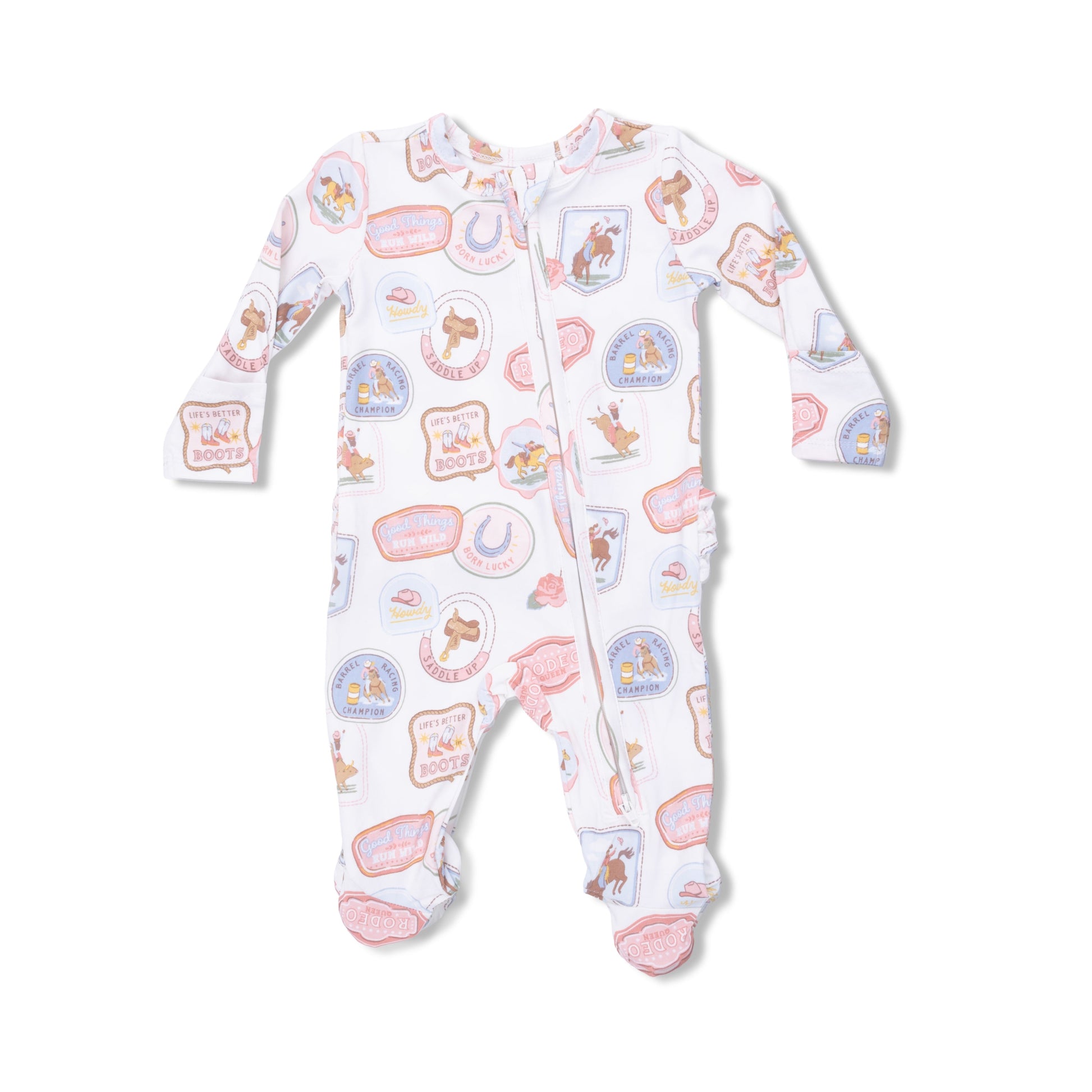 Rodeo Patches Pink - 2 Way Ruffle Back Zipper Footie - Hello Baby Apparel