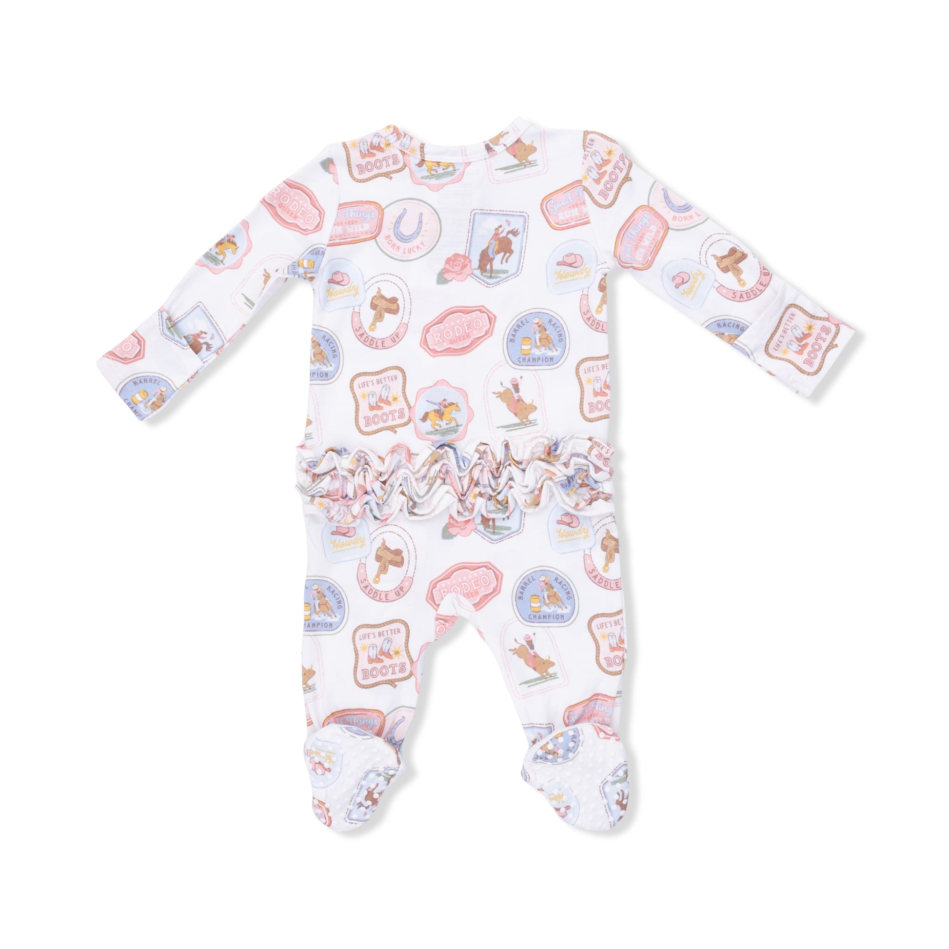 Rodeo Patches Pink - 2 Way Ruffle Back Zipper Footie - Hello Baby Apparel